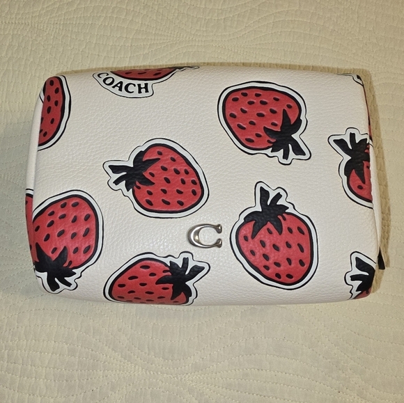 Coach Handbags - NWY Coach White Strawberry Print Ladies Leather Cosmetic Pouch